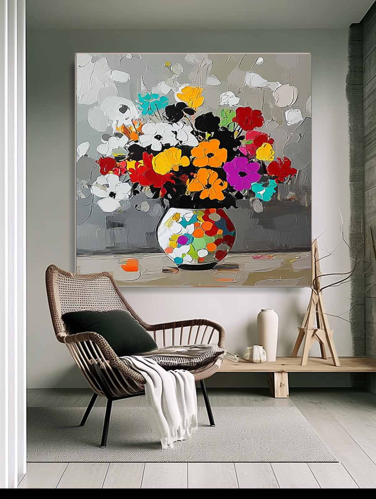 Original Flower Square Vase Artwork Floral Texture Painting on Canvas Large Color Handmade Wall Art
