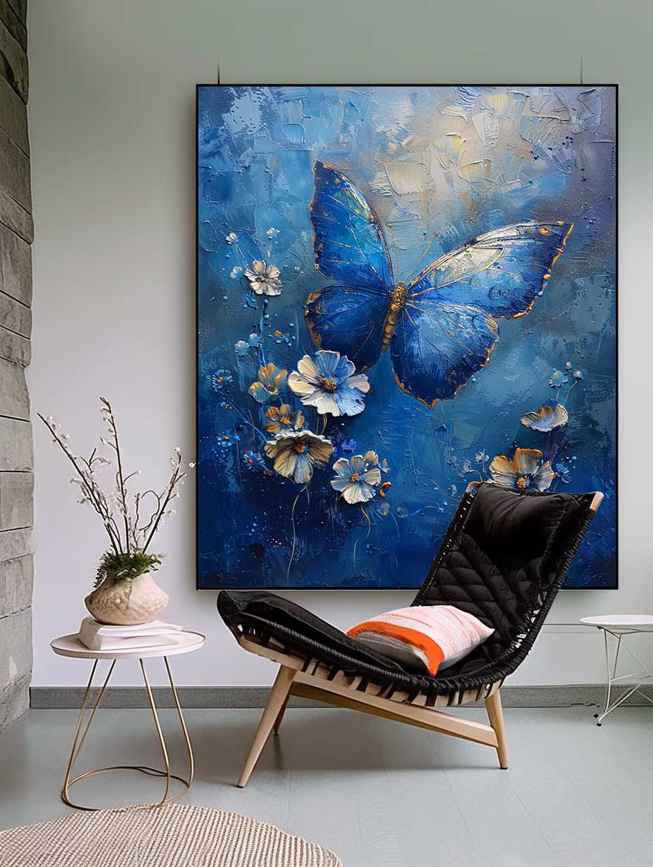Blue Oil Painting Modern Texture Oil Painting Impressionist Butterfly Wall Art Original Artwork Decor