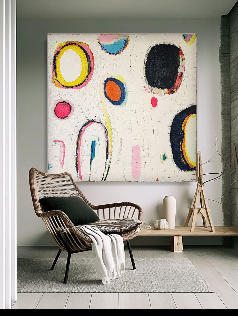 Square Abstract Oil Painting Modern Handmade Artwork Original Irregular Geometric Circles Wall Art