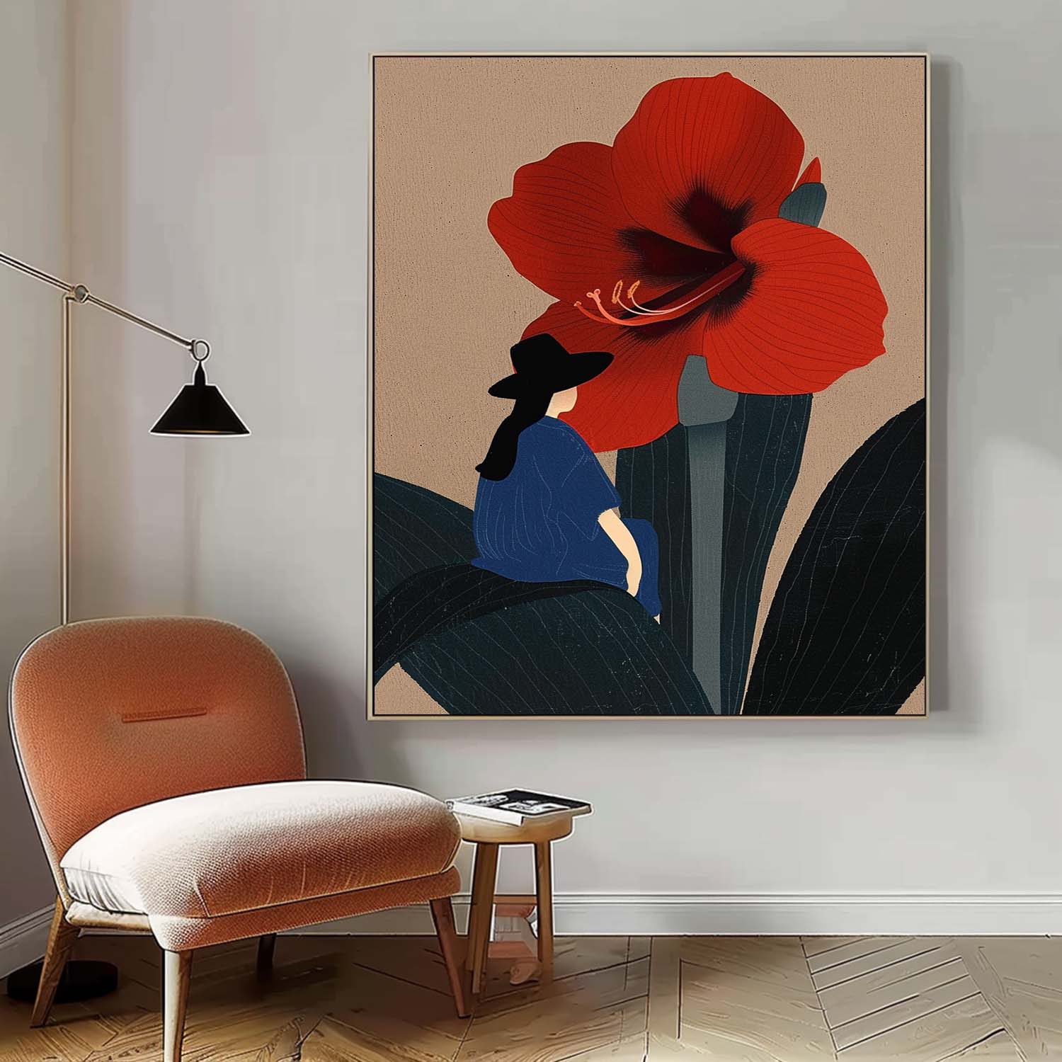 Large Figure Painting Original Girl On Flowers Wall Art Illustration style Abstract Artwork For Living Room