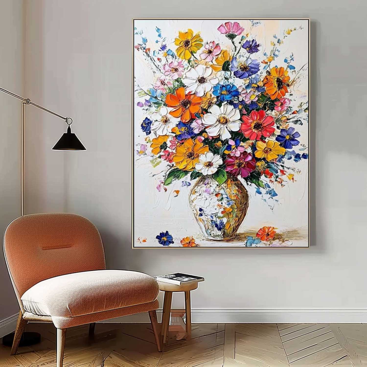 Original Floral Painting Colorful Flowers Acrylic Painting Canvas Large Textured Vase Art For Living Room