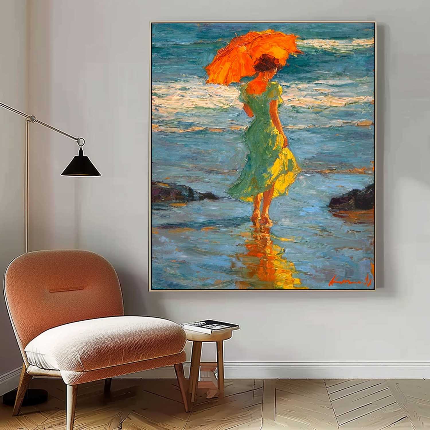 Original Impressionist Painting Lady In Green Dress With Orange Parasol Strolling Seashore Unique Art