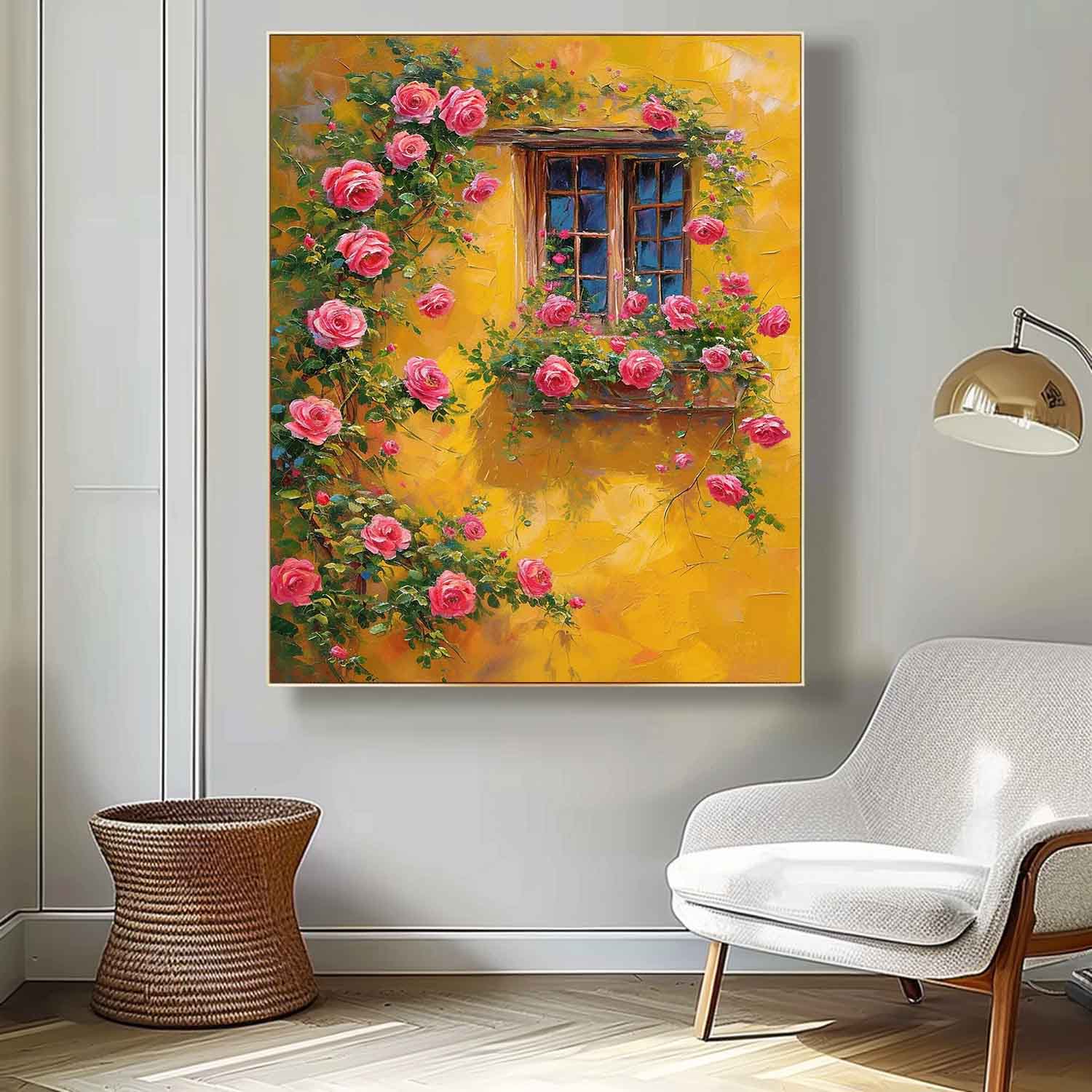 Flowers And Yellow Building Acrylic Painting Canvas Large Textured Art Original Floral Painting Home Decor
