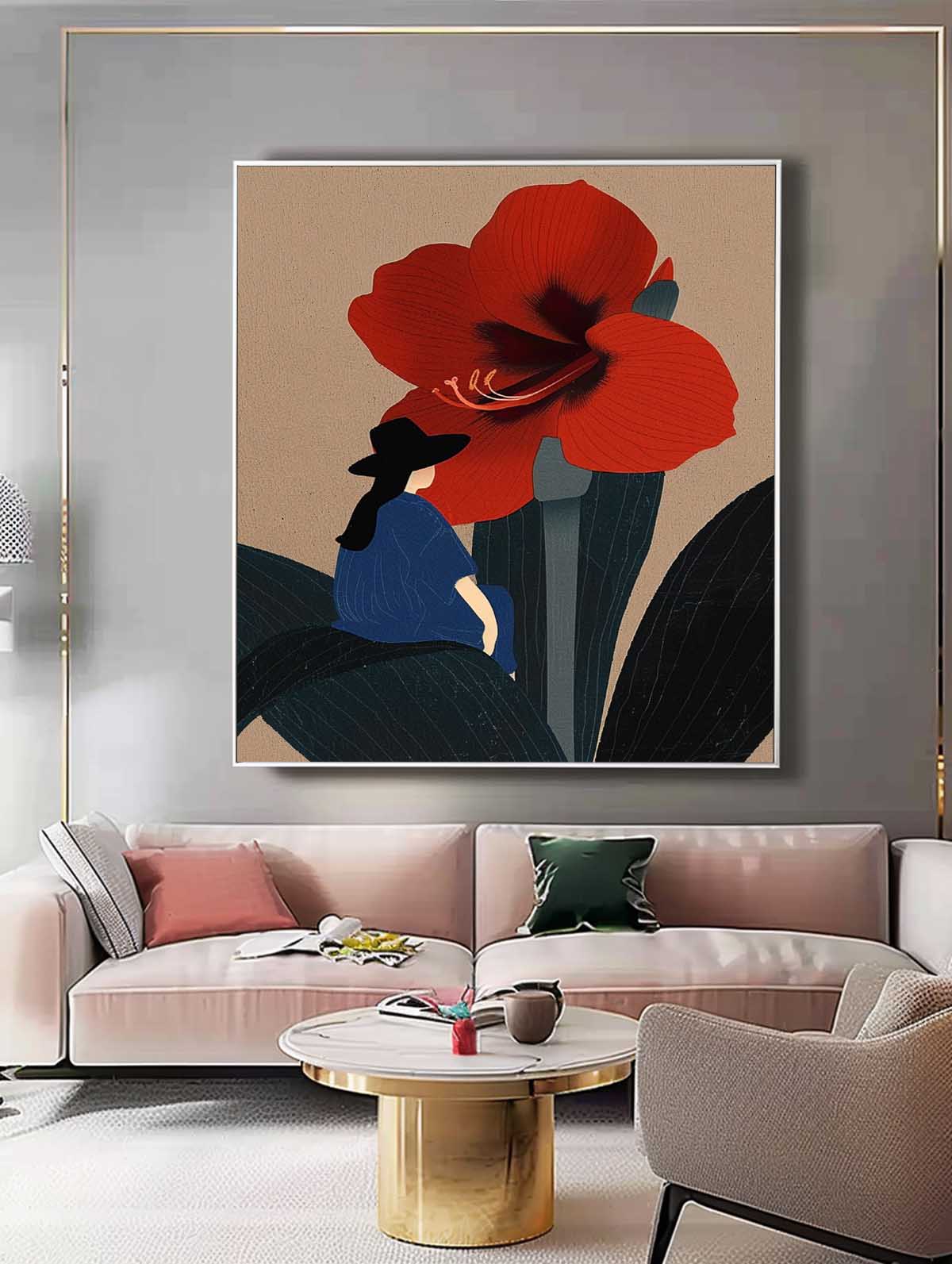 Large Figure Painting Original Girl On Flowers Wall Art Illustration style Abstract Artwork For Living Room