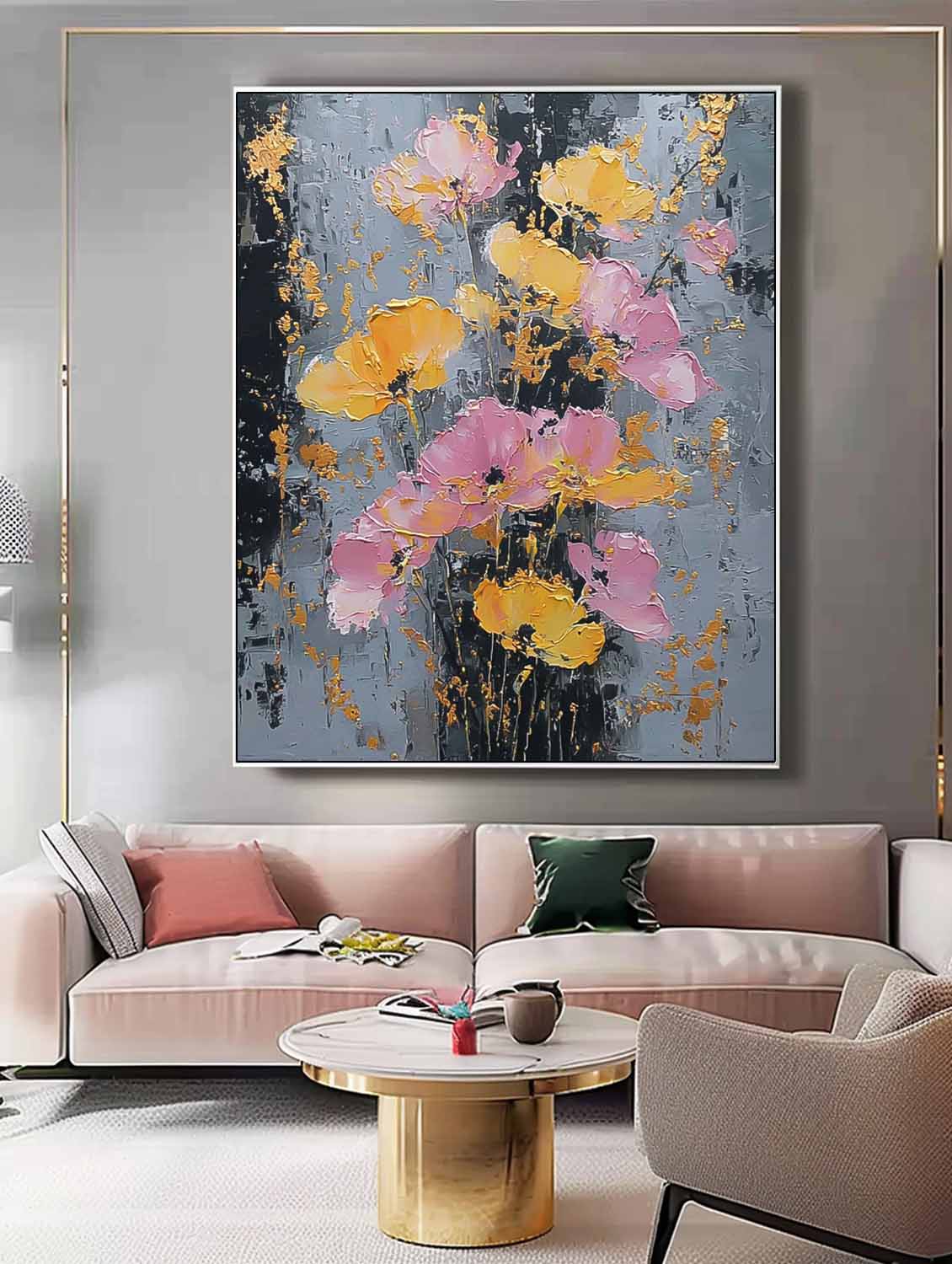 Modern Abstract Floral Oil Painting Pink & Gold Impasto Wall Art Textured Flower Palette Knife Artwork