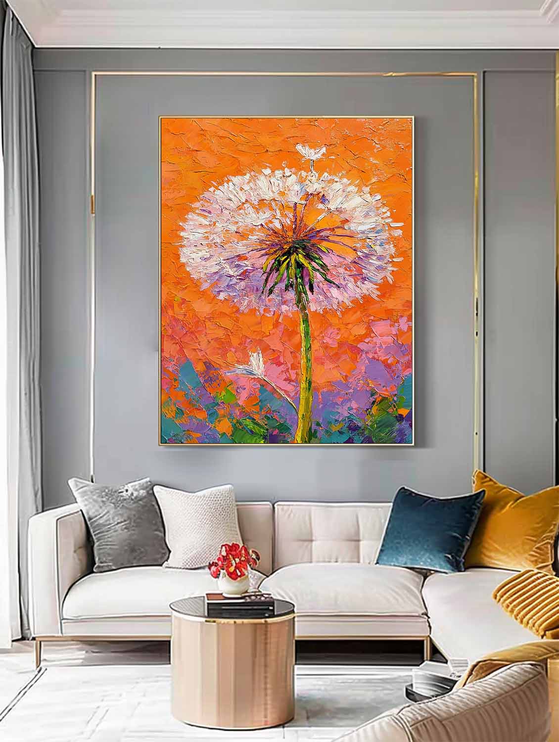 Vibrant Orange Dandelion Oil Painting 3D Textured Palette Knife Wall Art Modern Abstract Floral Canvas