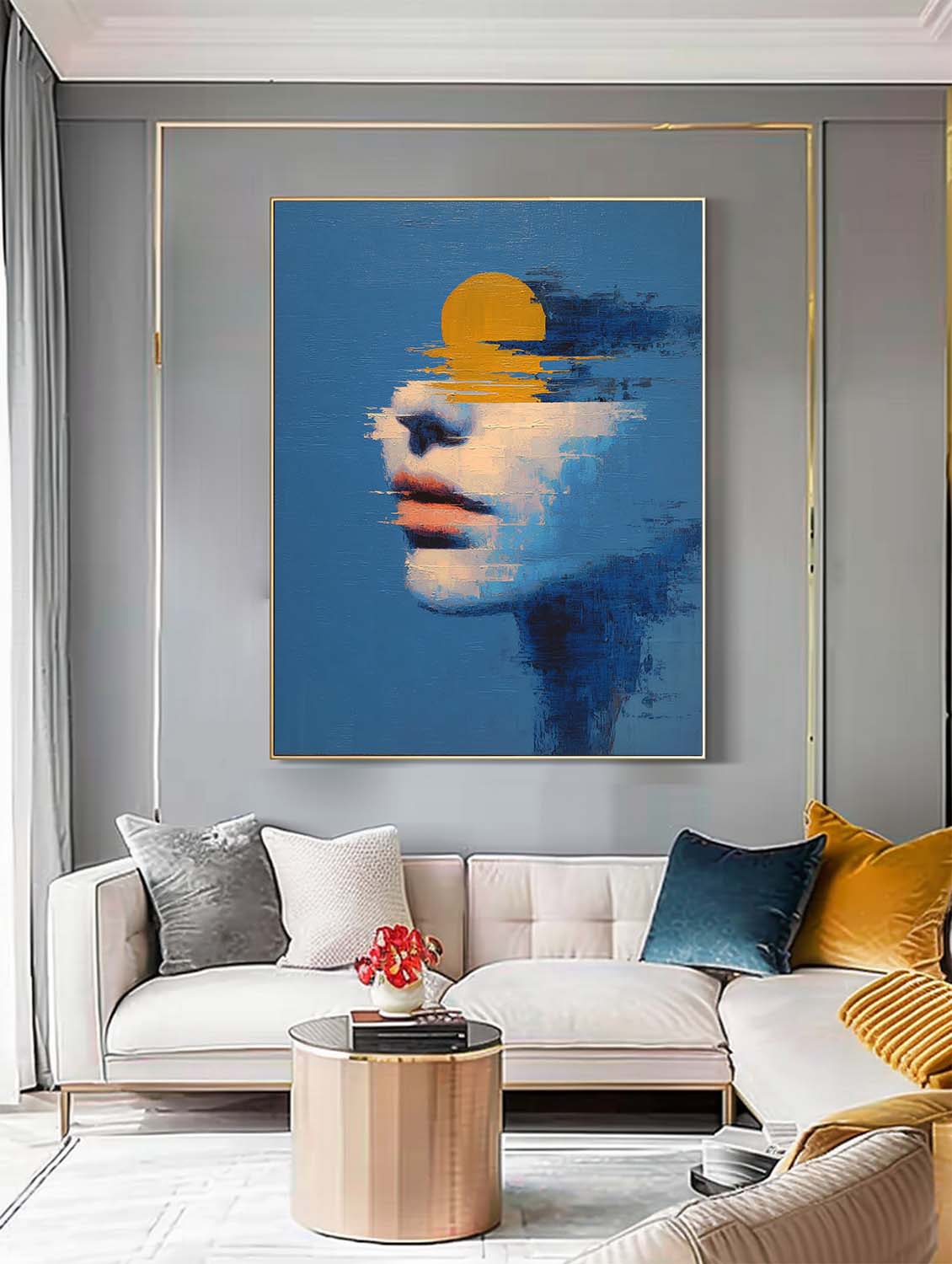 Abstract Sun-Portrait Fusion Art Painting Modern Blue Tone Contemporary Artwork With Striking Visual Depth