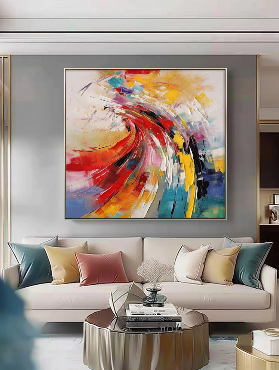 Large Square Texture Colorful Abstract Wall Art Framed Bright Modern Abstract Canvas Painting For Living Room