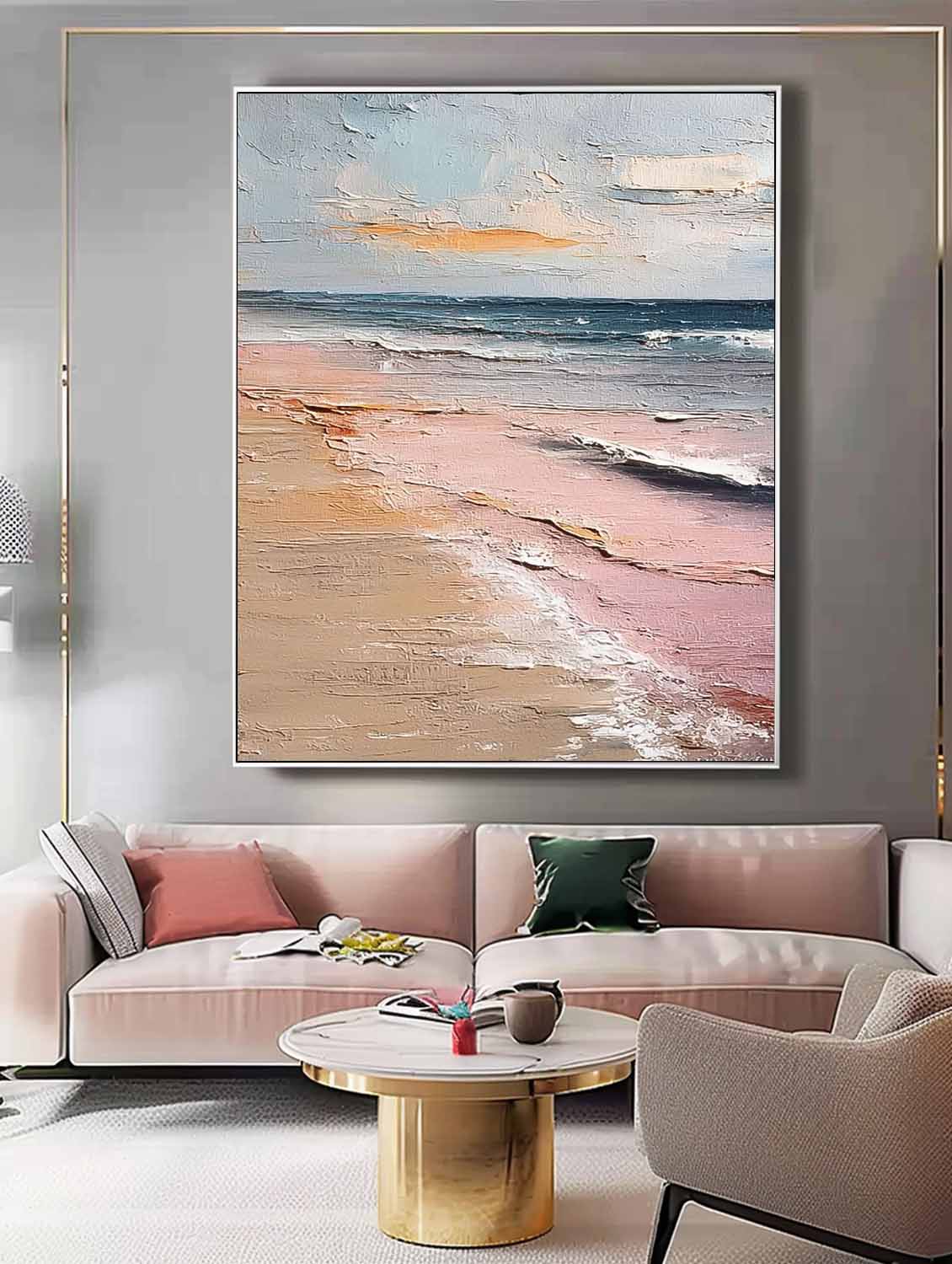 Pink Large Sea Wall Art Original Abstract Beach Oil Painting On Canvas Texture Artwork Home Decor