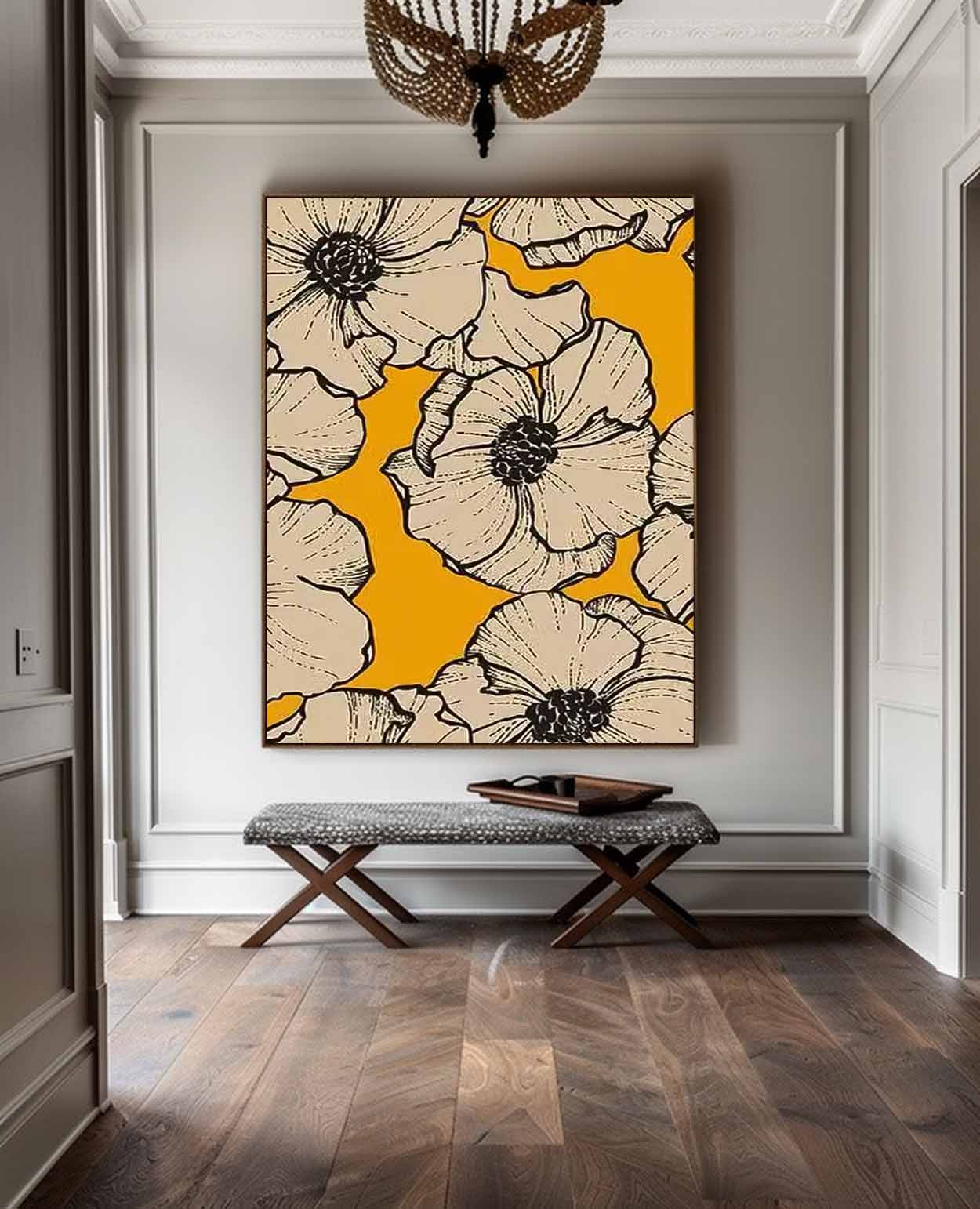 Abstract Yellow Oil Painting On Canvas Oversize Original Minimalism Beautiful Floral Artwork Home Decor