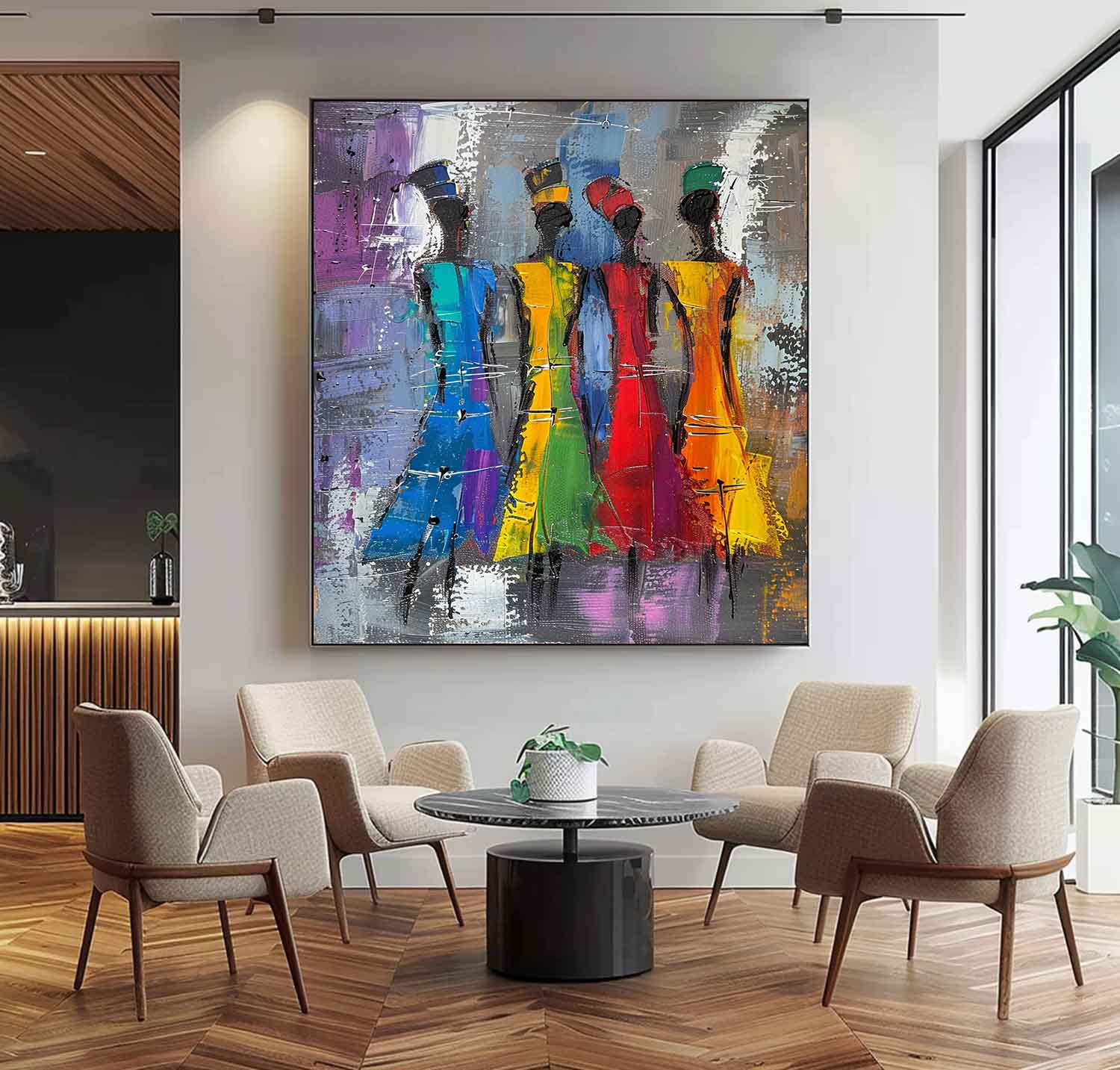 Original Modern Wall Art Colorful Four Women Silhouettes Painting Big Multicolor Girl Painting Framed