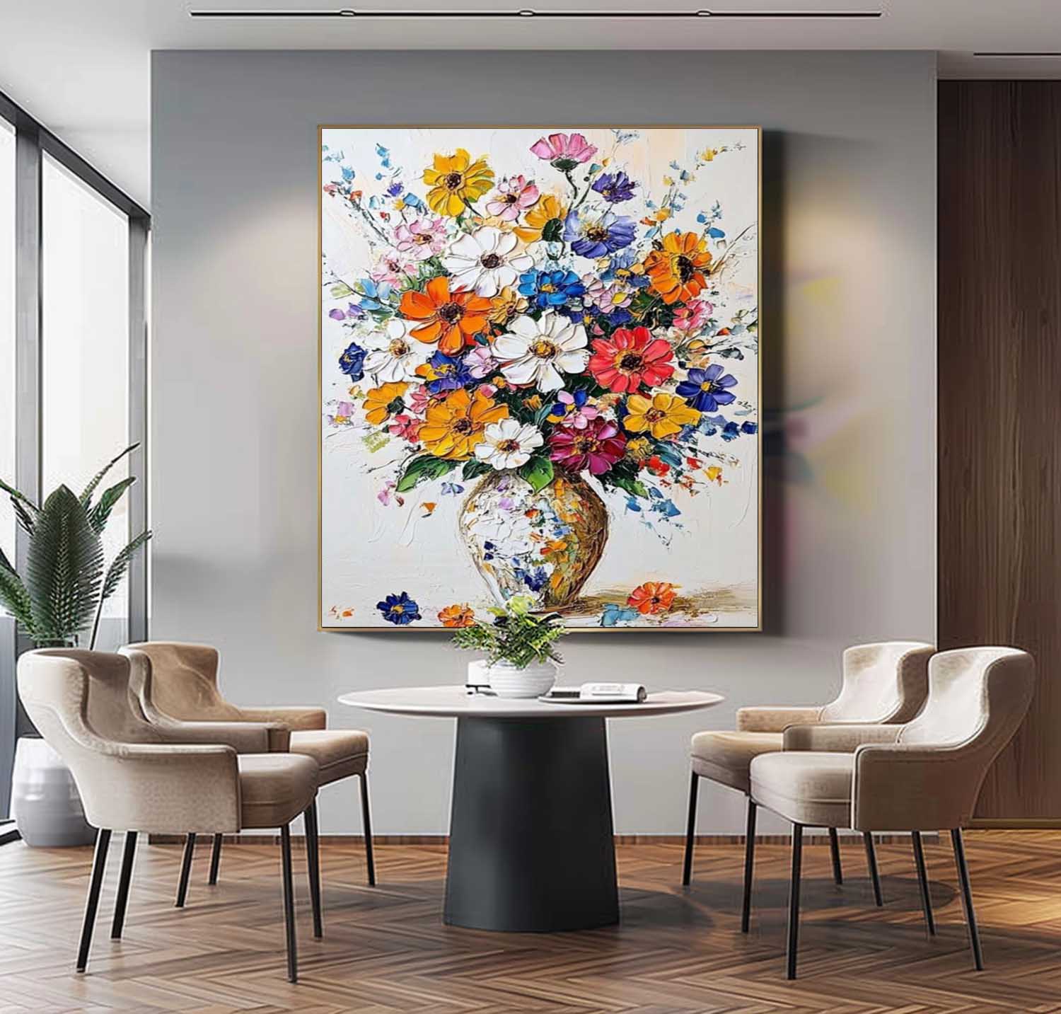 Original Floral Painting Colorful Flowers Acrylic Painting Canvas Large Textured Vase Art For Living Room