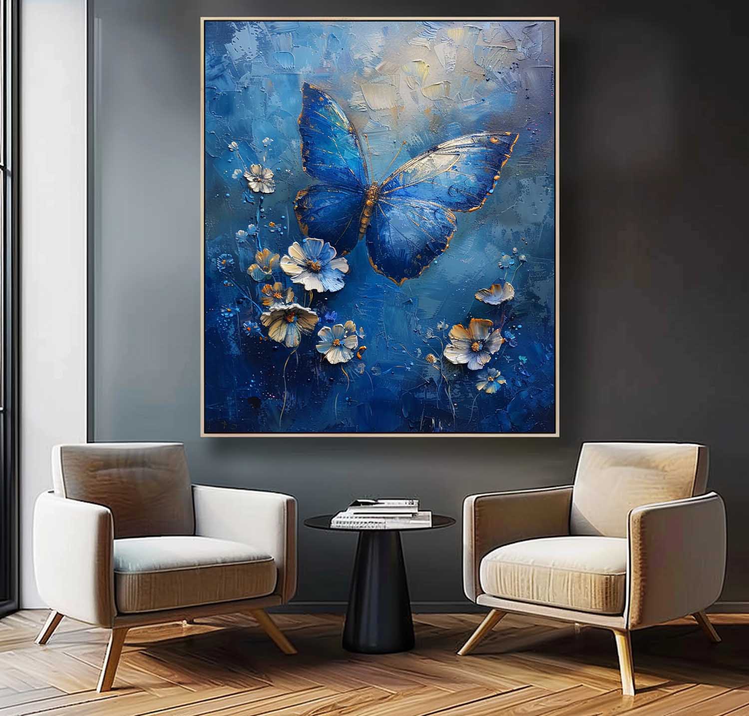 Blue Oil Painting Modern Texture Oil Painting Impressionist Butterfly Wall Art Original Artwork Decor