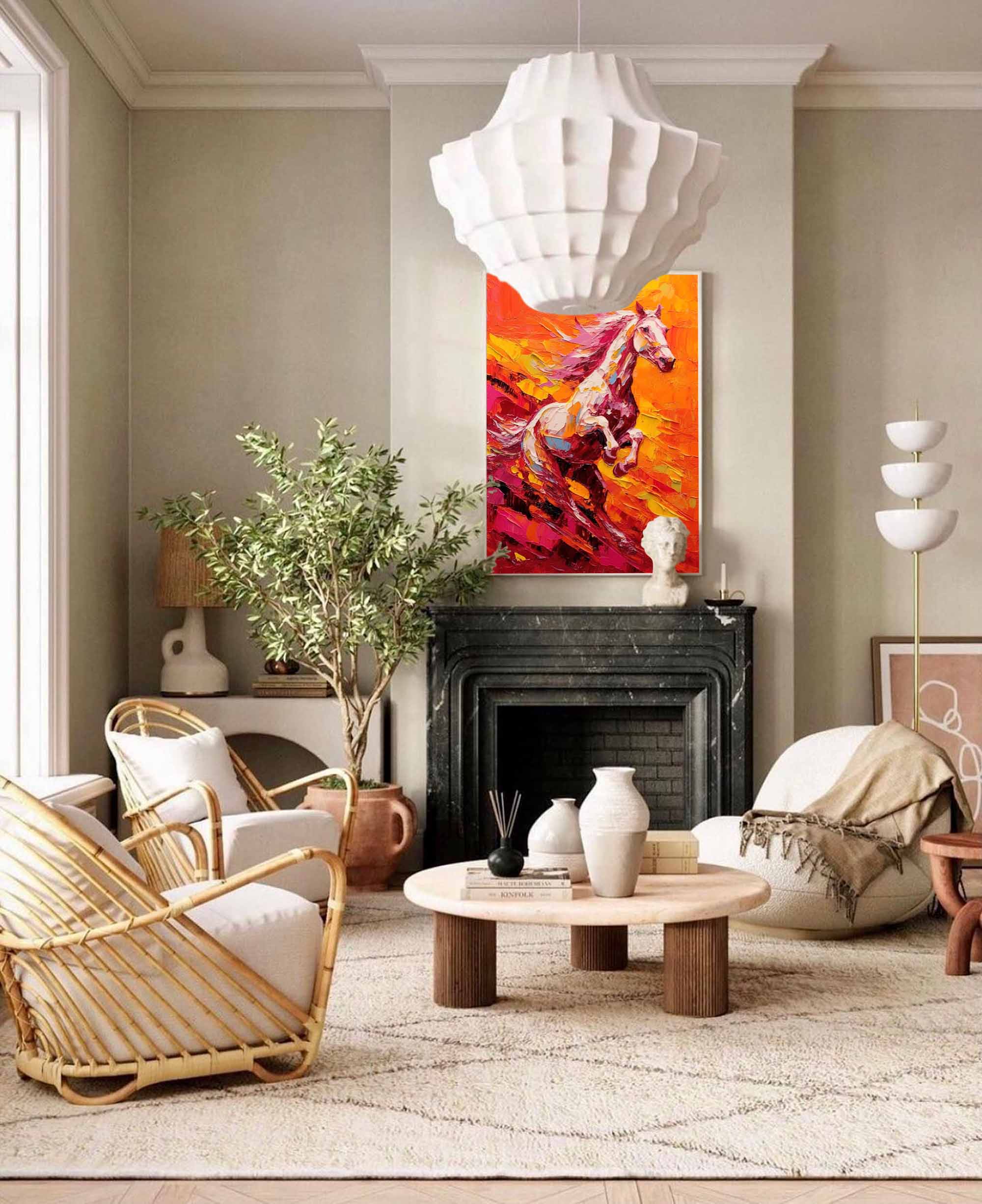 Bright Red Horse Oil Painting Modern Red background Texture Animal Oil Painting Impressionist Horse Wall Art Living Room Decor