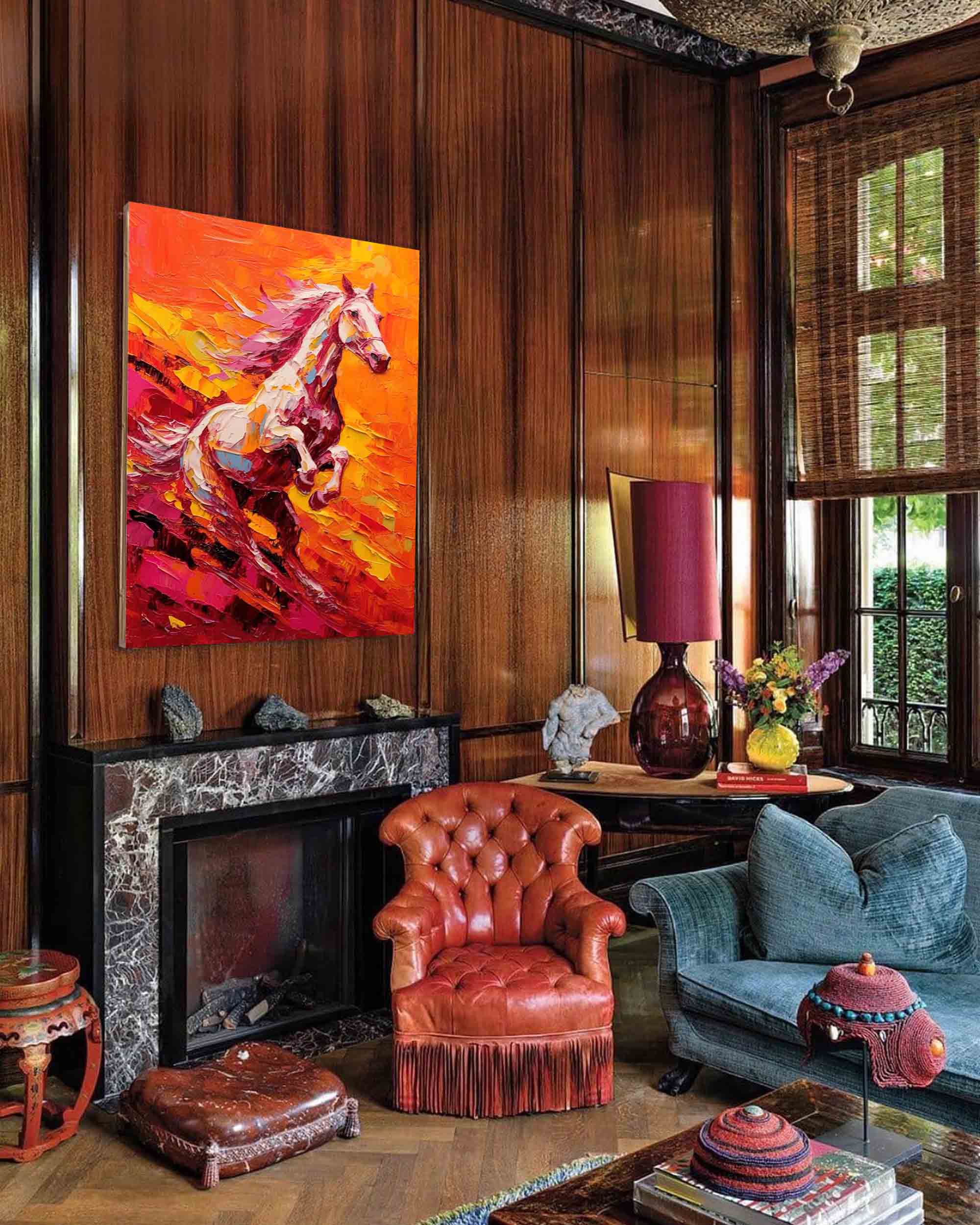 Bright Red Horse Oil Painting Modern Red background Texture Animal Oil Painting Impressionist Horse Wall Art Living Room Decor