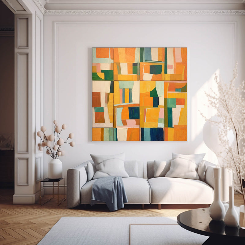 Square Abstract Geometry Oil Painting Bright Yellow Large Acrylic Painting Canvas Original Modern Wall Art Home Decor