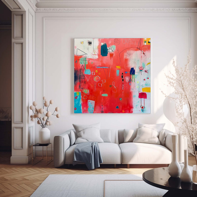 New Red Abstract Painting Contemporary Abstract Oil Painting Funny Doodles Original Wall Art Home Decor