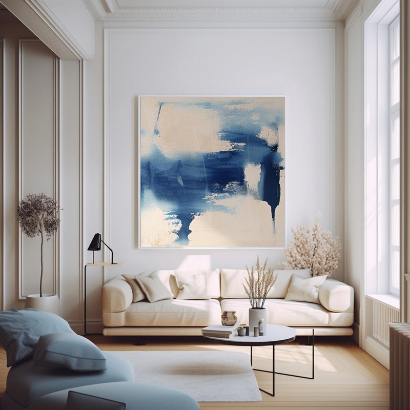 Square Abstract Wall Art Original Minimalist Ink Painting For Sale Blue Painting Canvas For Living Room