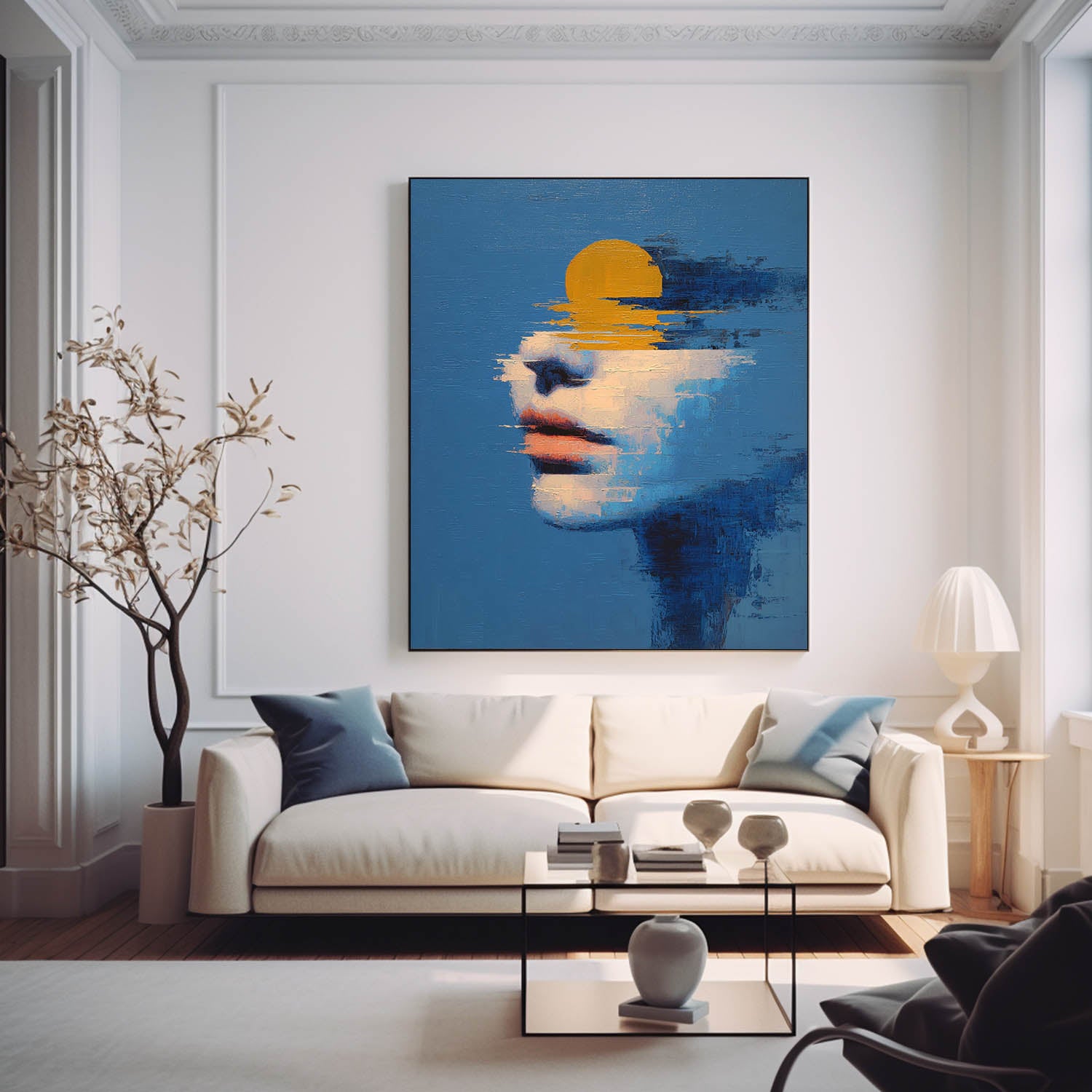 Abstract Sun-Portrait Fusion Art Painting Modern Blue Tone Contemporary Artwork With Striking Visual Depth