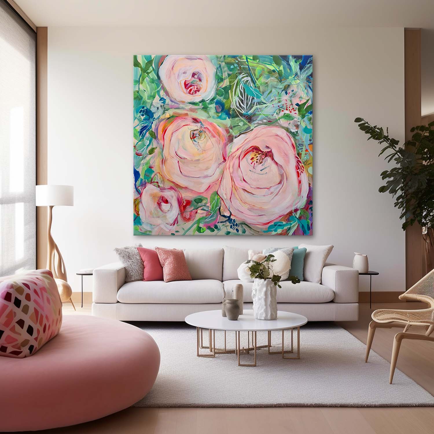 Square Large Abstract Flowers Art Flowers Acrylic Painting Canvas Original Floral Artwork For Living Room