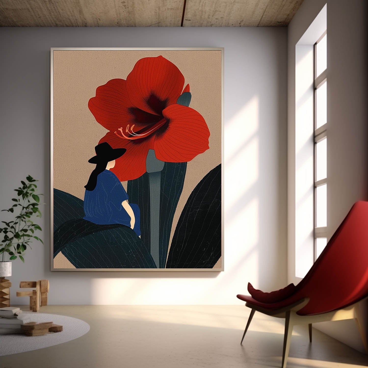 Large Figure Painting Original Girl On Flowers Wall Art Illustration style Abstract Artwork For Living Room