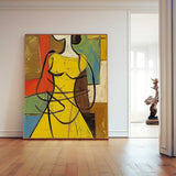 Large Cartoon Lines Painting Framed Original Lady Wall Art Abstract Yellow Dress Artwork Home Decor