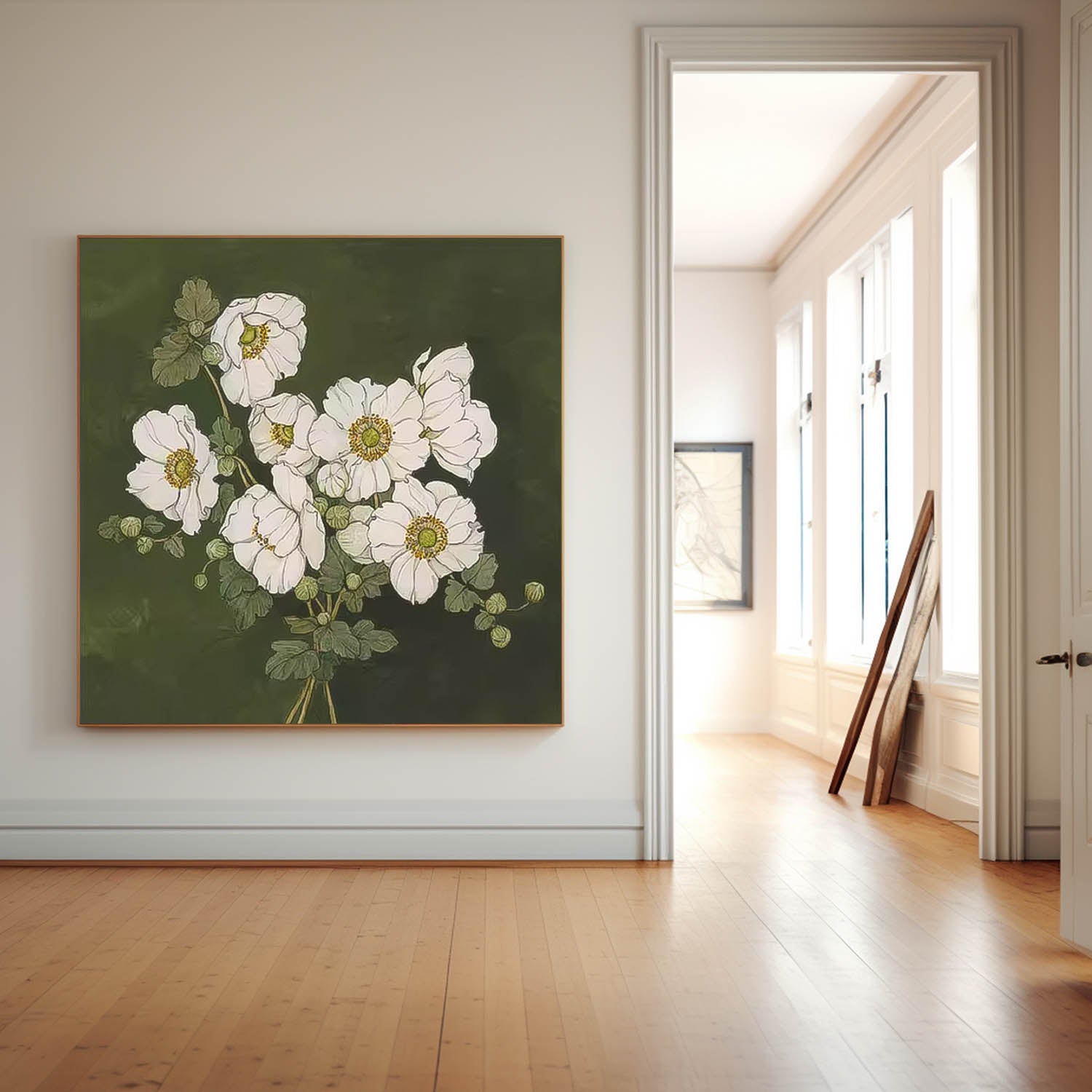 Large Abstract Daisy Flowers Paintings Square Contemporary Flower Paintings Wall Art Green Artwork