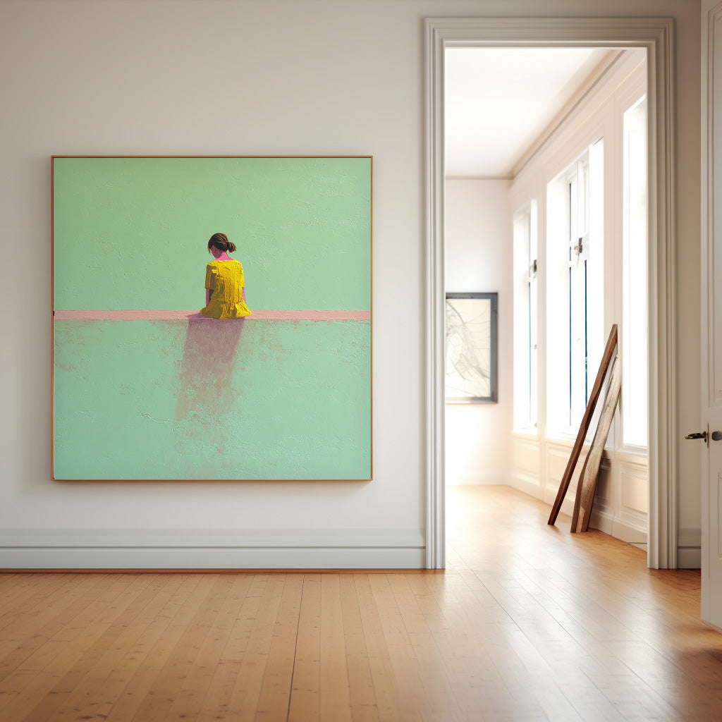Minimalist Girl View Of Back Painting Green Wall Art Abstract Warm atmosphere Art For Living Room