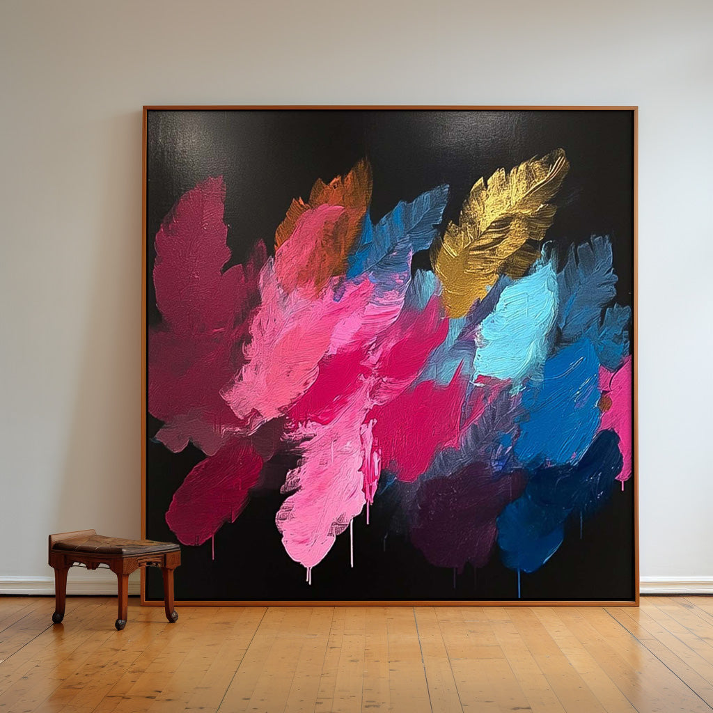 Square Contemporary Colored Leaves Painting Large Textured Abstract Leaves Paintings Original Framed Artwork