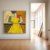 Warm Colors Texture Yellow Dress Girl Wall Art Original Beautiful Dress Figurative Painting Canvas Home Decor
