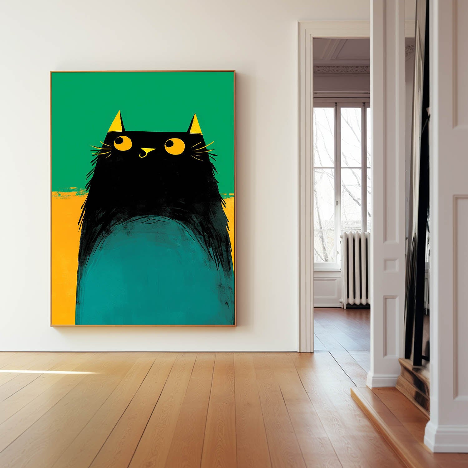 Modern Black Cat Animal Oil Painting Vibrant Yellow And Green Oil Painting Impressionist Kitty Wall Art
