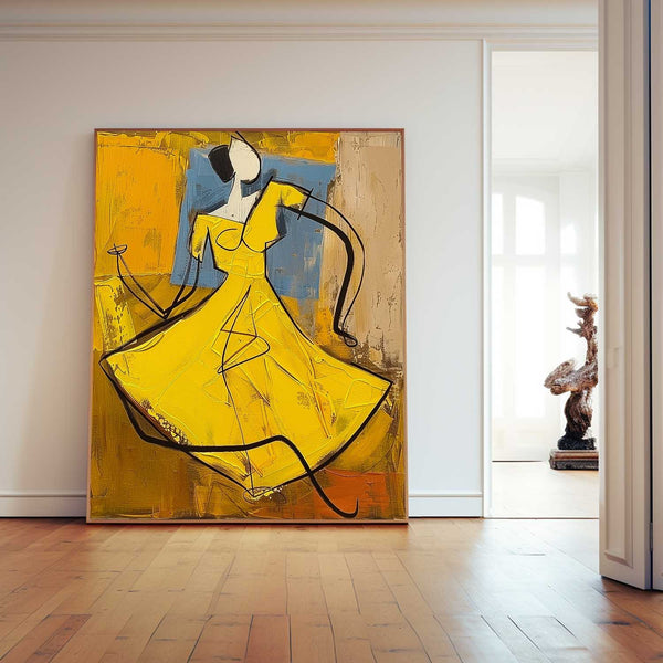 Large Dancing Woman Painting Framed Original Lady Wall Art Abstract Yellow Dress Artwork Home Decor