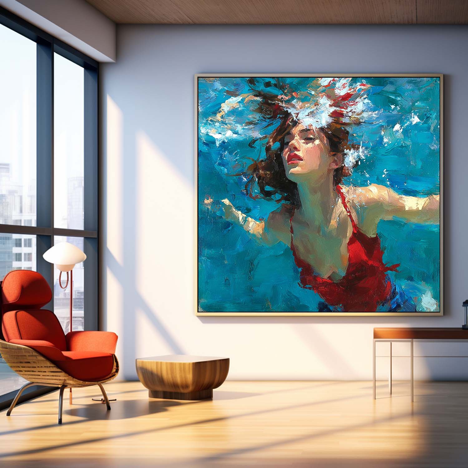 Lady Bright Red clothes Artwork Original Woman swimming Wall Art Square Diving In Ocean Girl Acrylic Painting