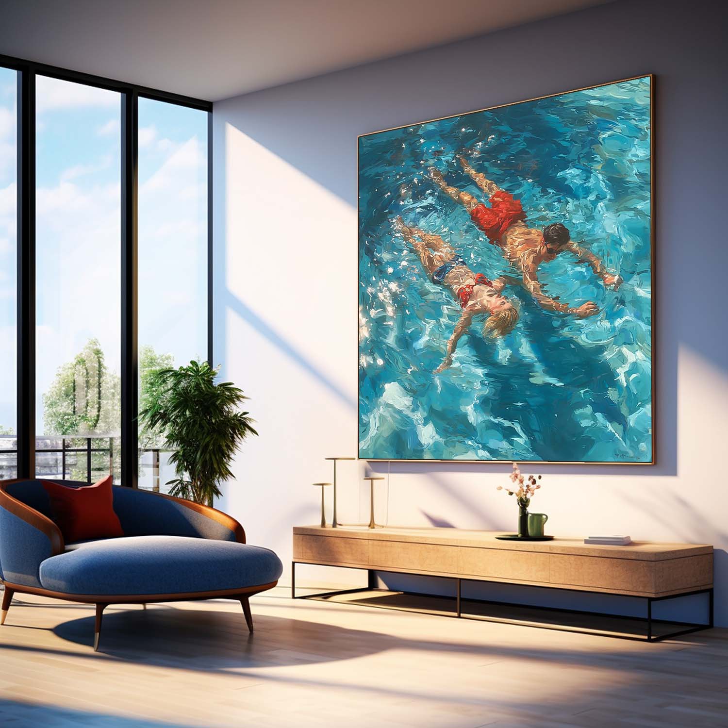 Original Couple swimming Wall Art Lady And Man Artwork Square Diving In Ocean Acrylic Painting