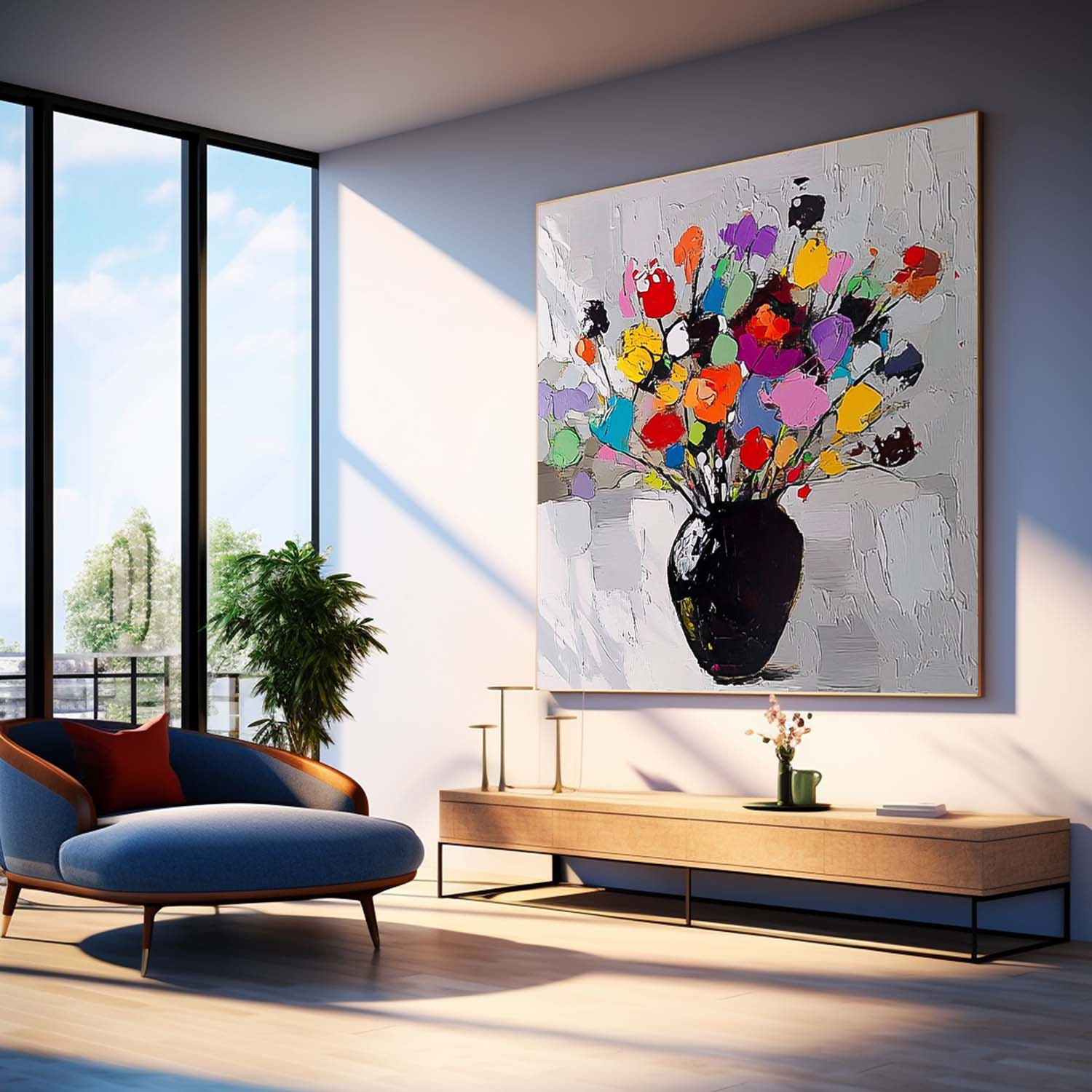 Large Color Handmade Wall Art Original Abstract Flower Vase Artwork Floral Texture Painting On Canvas