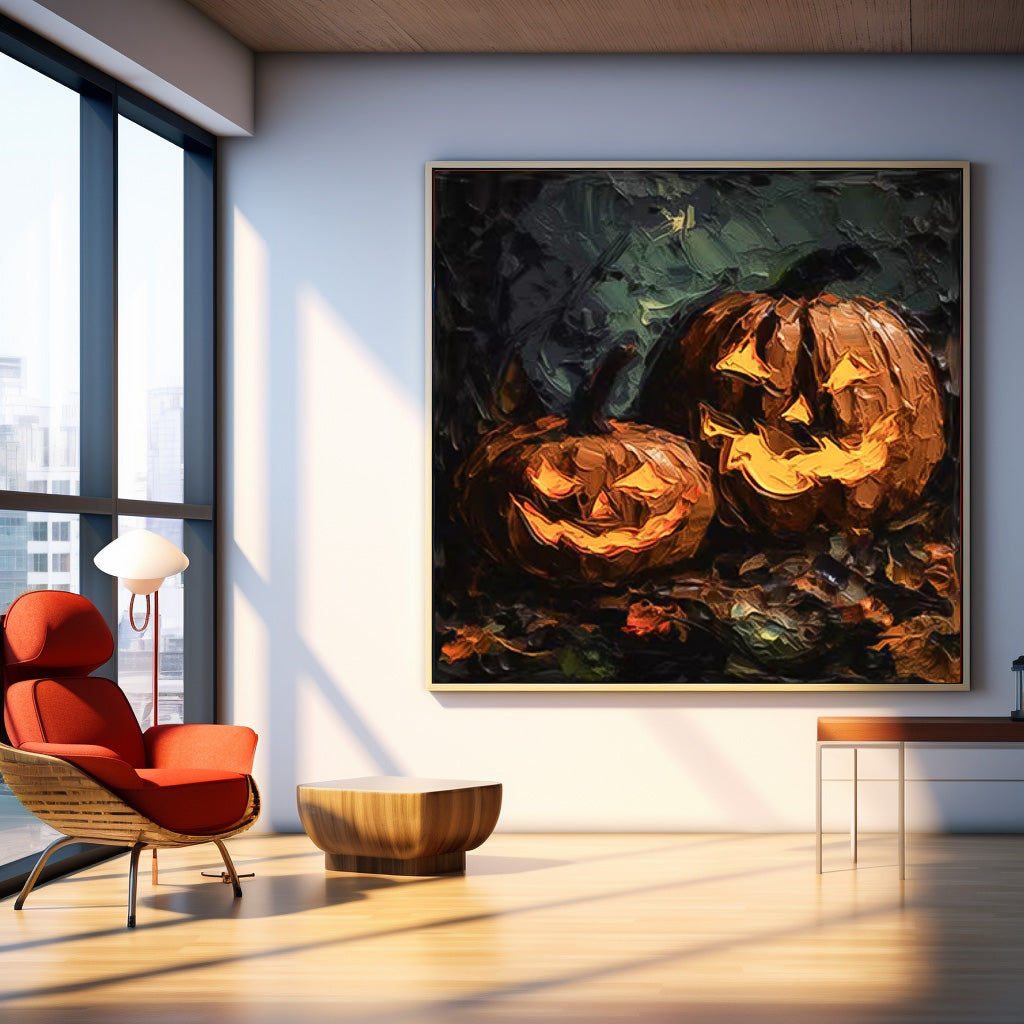 Large Pumpkin Head Square Texture Abstract Wall Art Framed Modern Abstract Canvas Painting Holiday Decorations