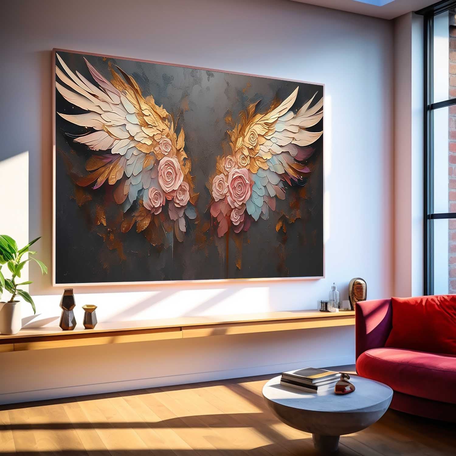 Original Abstract Angel Wing Oil Painting On Canvas Big Wing Flower Boho Artwork For Living Room Decor Gift