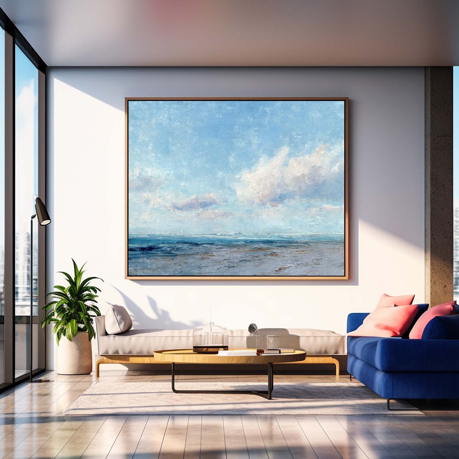 Abstract Tranquil Sea View Landscape Blue sky And White Clouds Painting Large Texture Scenery Wall Art