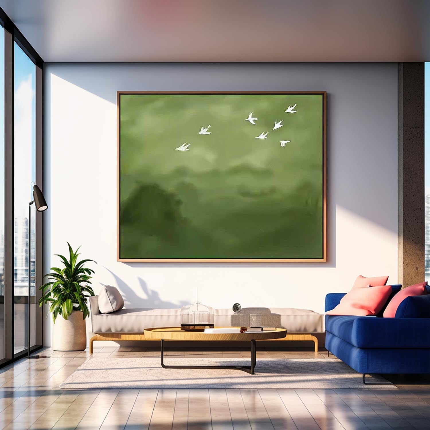 Large Green Wall Art Abstract Oil Painting Original Minimalist Wild Geese Abstract Spring Artwork