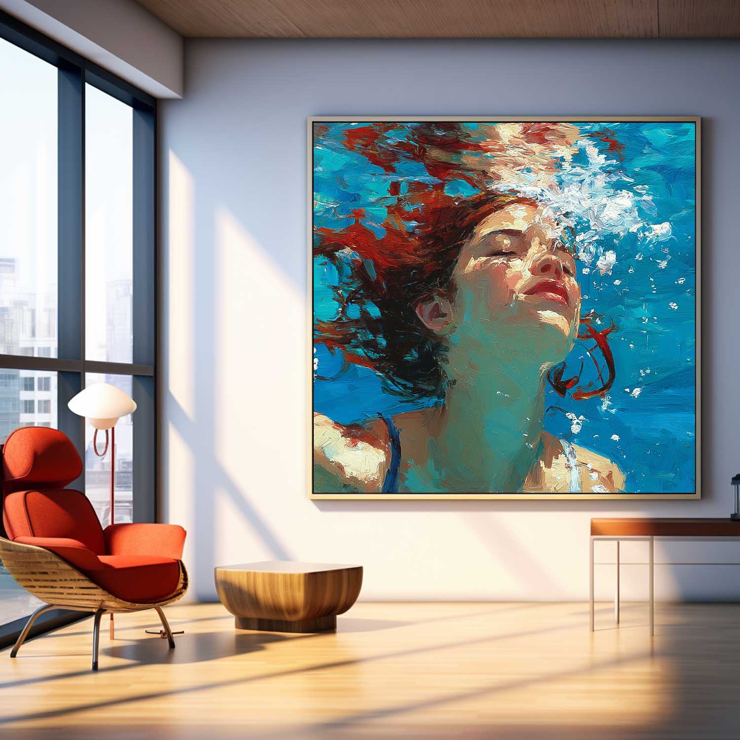 Square Diving In Ocean Girl Acrylic Painting Lady Artwork Original Woman swimming Wall Art For Living Room