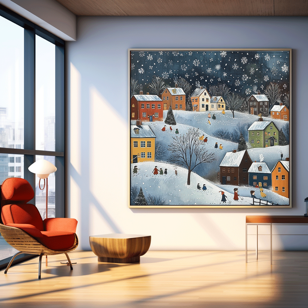 Original Cottage In The Snow Oil Painting Large Winter Wall Art Abstract Landscape Painting Living Room Decor