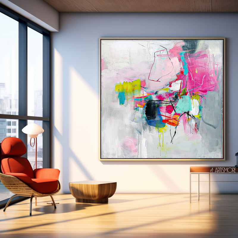 Bright Abstract Wall Art Framed Acrylic Large Square Modern Abstract Painting For Sale