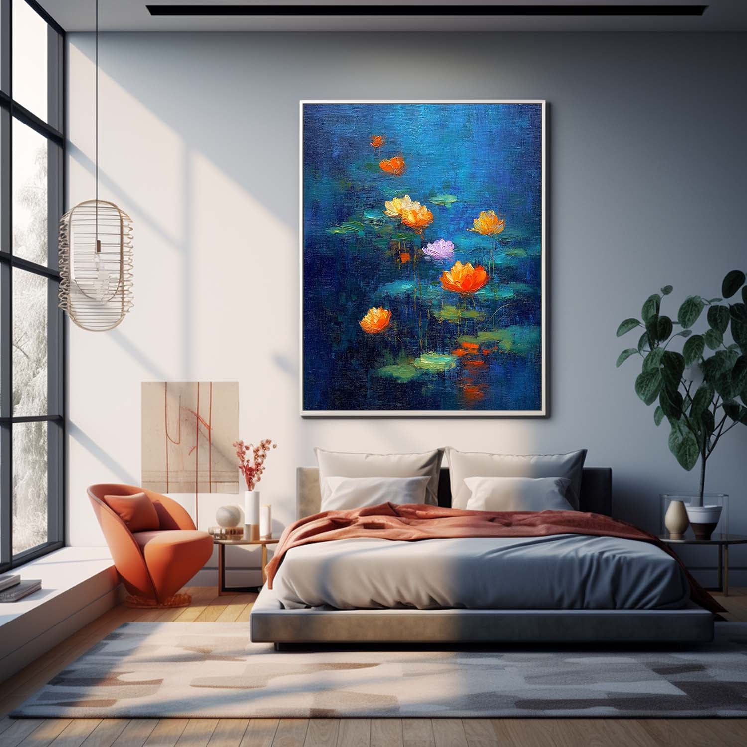 Blue Toned Abstract Lotus Flower Oil Painting on Canvas Modern Wall Art Hand-Painted Lotus Pond Artwork