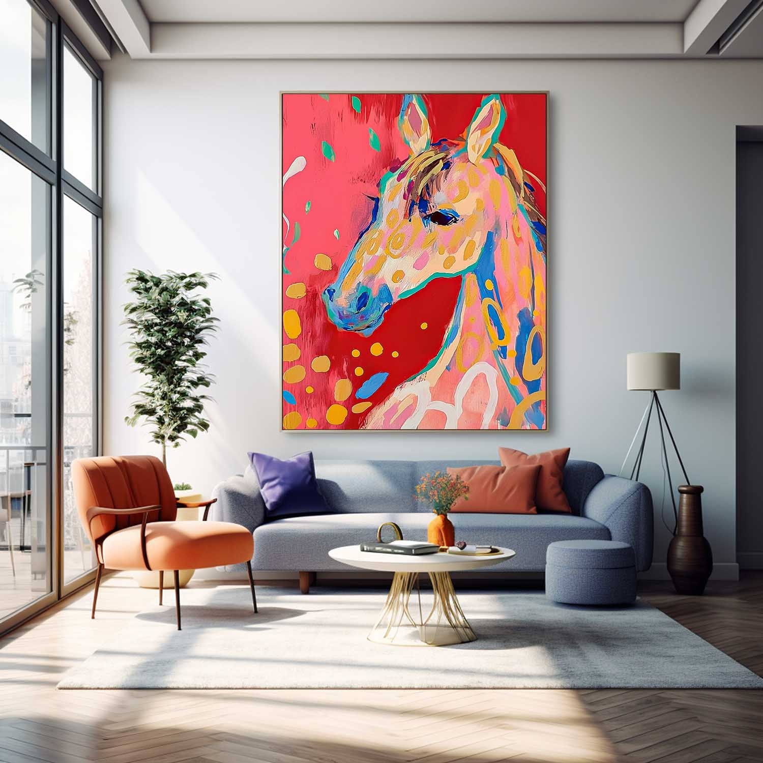 Cute Texture Animal Oil Painting Large Horse Acrylic Painting Modern Colorful Foal Abstract Wall Art