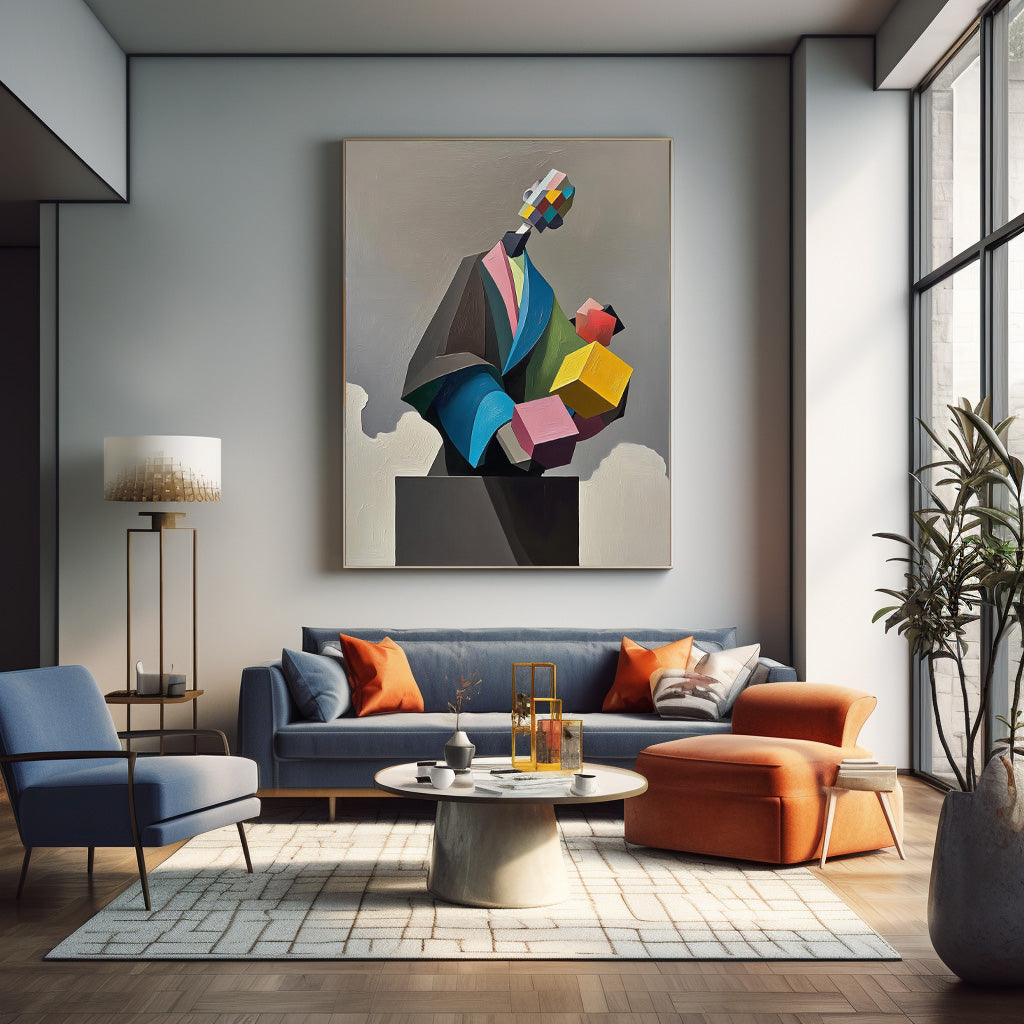 Original Large Abstract Portrait Wall Art Textured Geometric Shapes People Painting Canvas Home Decor