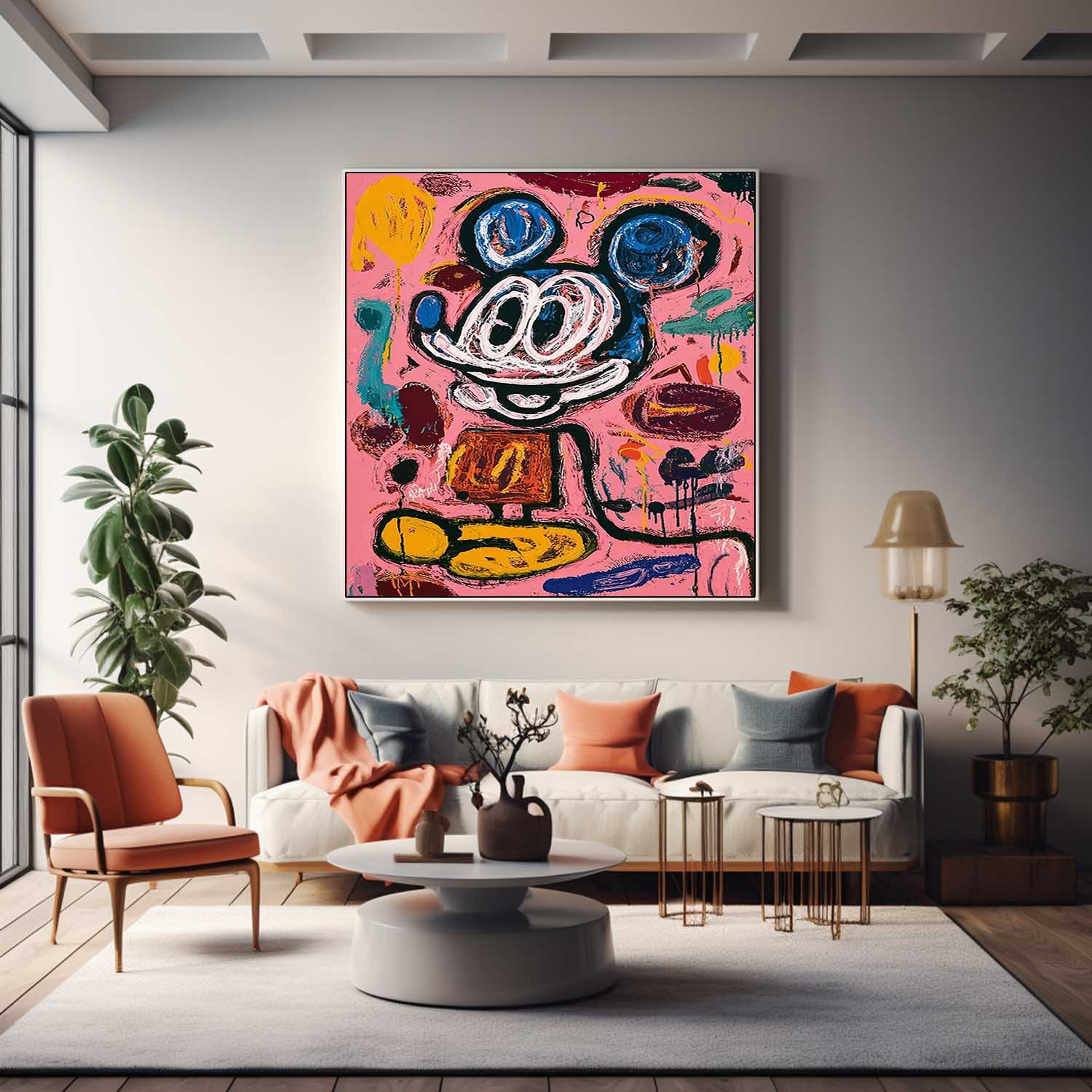 Pink Original Features Artwork Abstract Mickey Painting Canvas Large Graffiti Cartoon Figure Wall Art