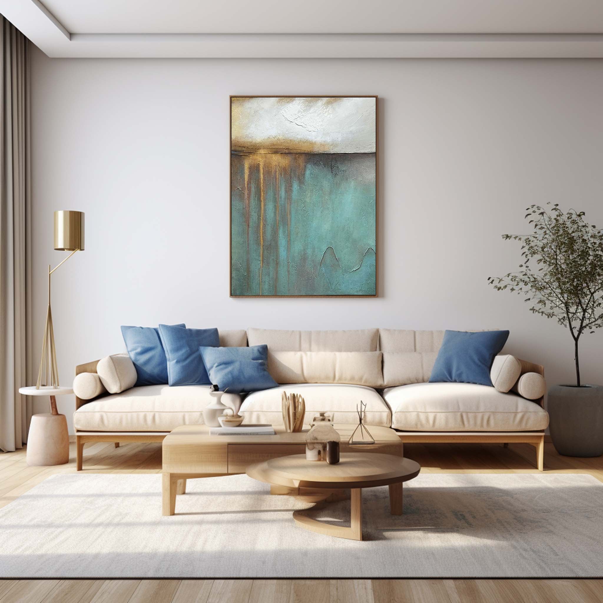Blue And Gold Modern Wall Art Large Original Texture Abstract Oil Painting On Canvas For Living Room