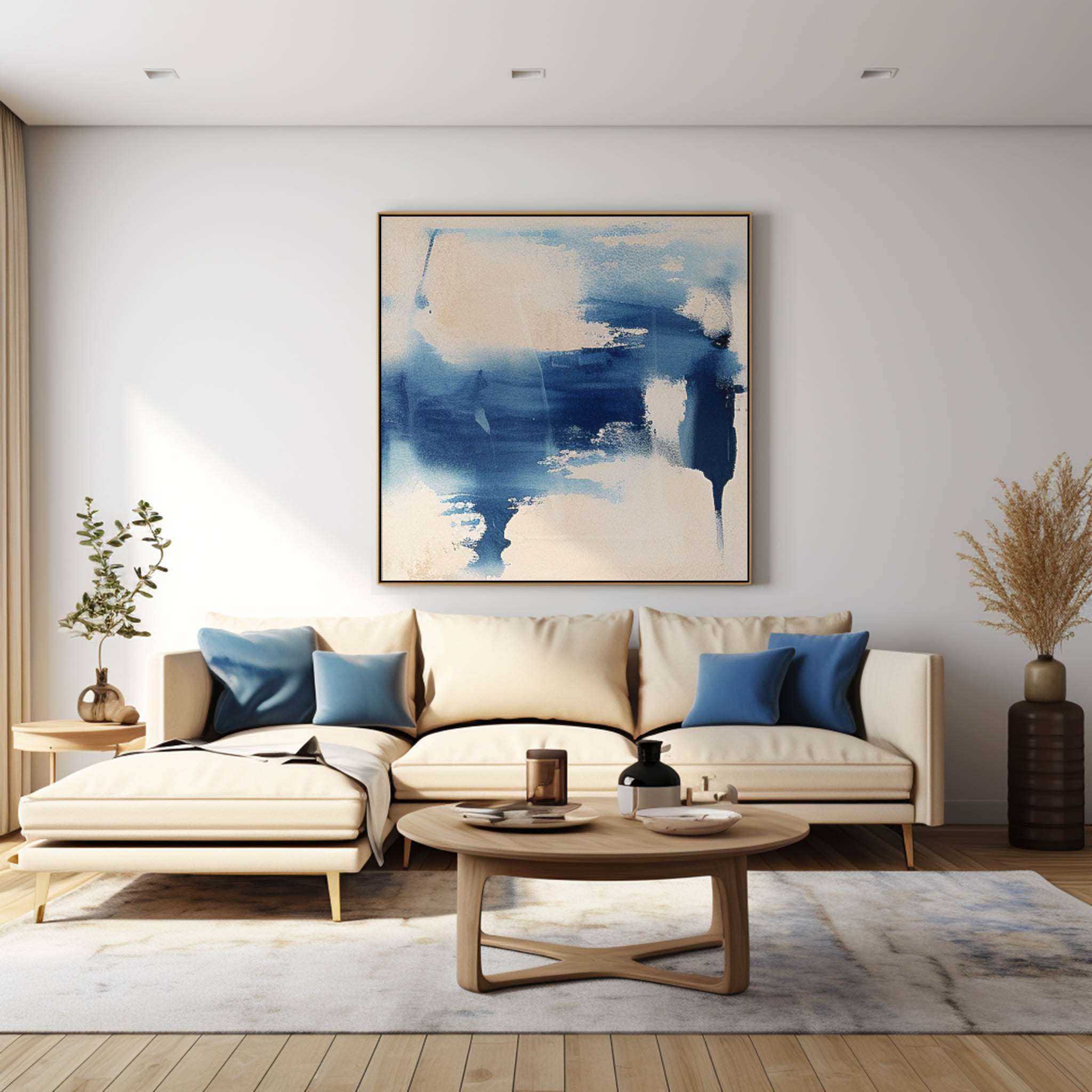 Square Abstract Wall Art Original Minimalist Ink Painting For Sale Blue Painting Canvas For Living Room