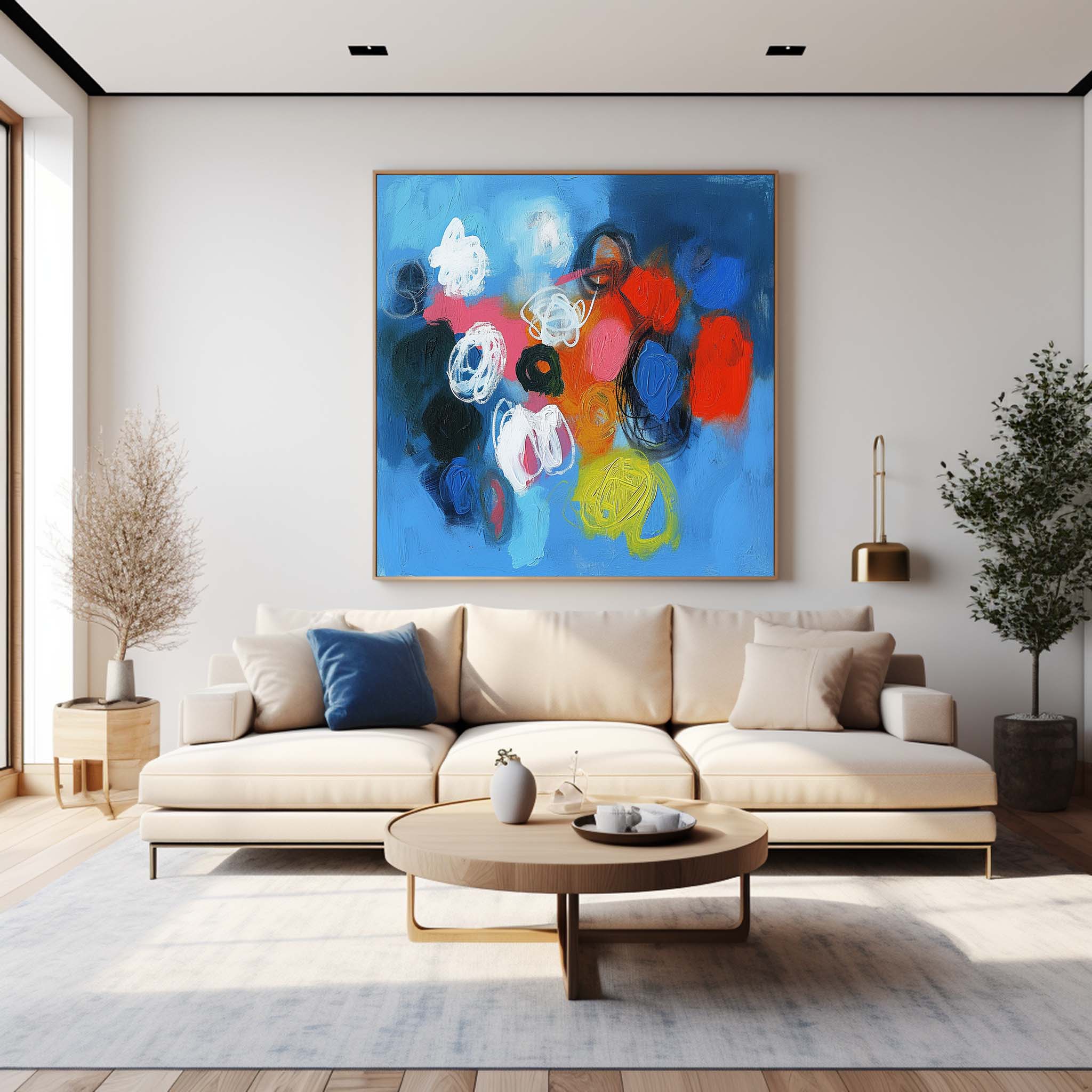 Blue Square Abstract Texture Oil Painting Bright Coloful Large Acrylic Painting Canvas Original Modern Wall Art For Living Room