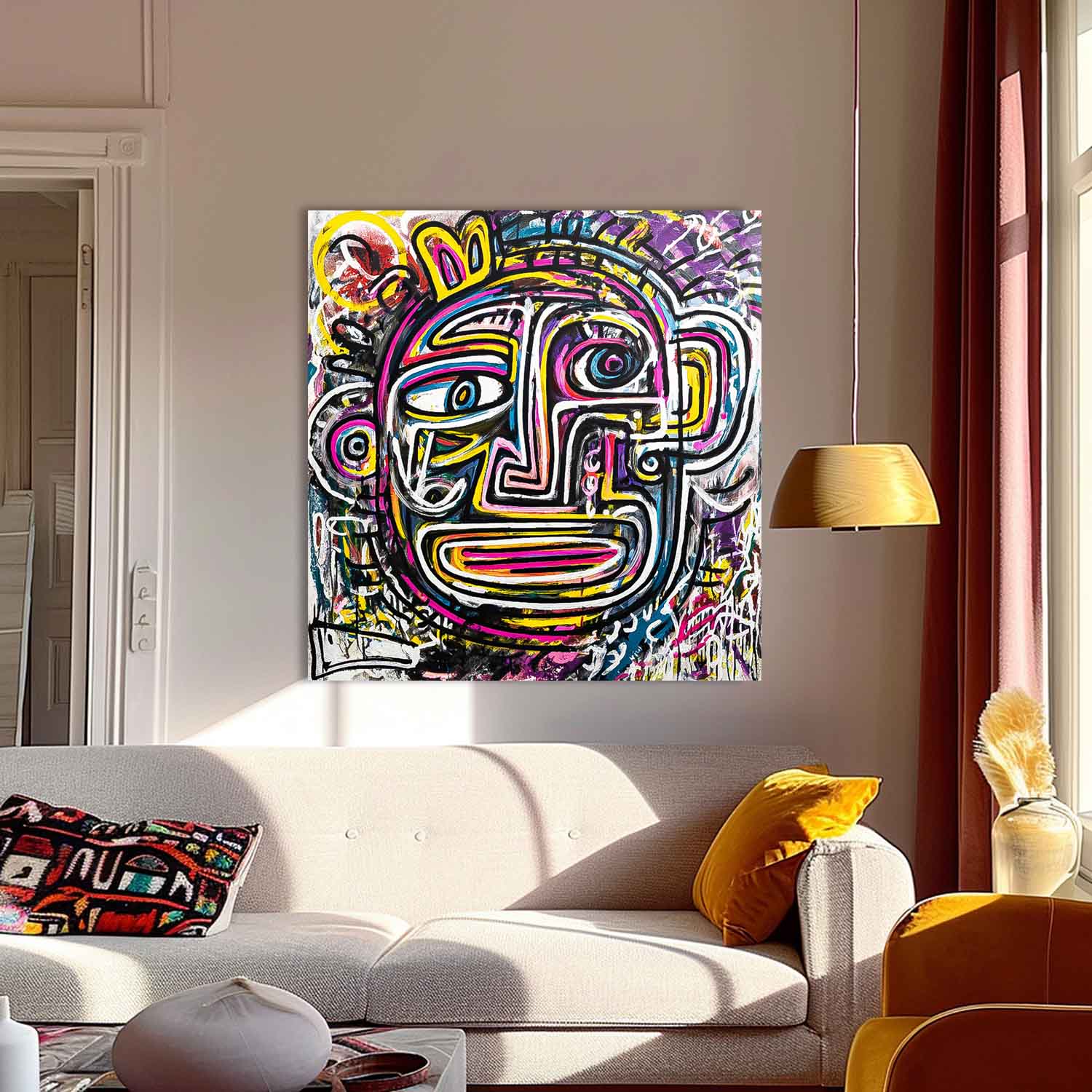 Large Graffiti Line Face Wall Art Original Colorful Face Painting Abstract Portrait Oil Painting On Canvas